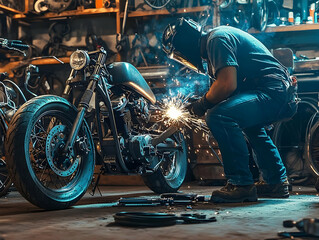 A skilled mechanic working on a motorcycle in a workshop, sparks flying as he welds parts together.
