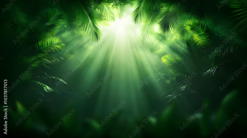 Poster sunlight filters through lush green foliage, creating a serene atmosphere in a tranquil forest setti