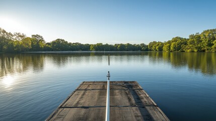A scenic outdoor rowing venue with calm water, well-maintained lanes, and a backdrop of trees and clear sky