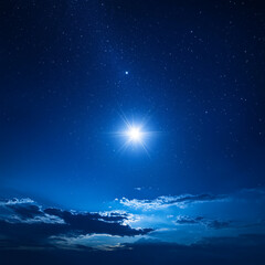Star of Bethlehem glowing brightly against a deep blue sky, soft light radiating from the star, subtle clouds in the background, serene and magical night scene