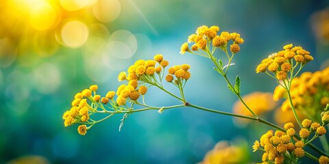 Sunlight Illuminates a Delicate Branch of Vibrant Yellow Flowers Against a Soft Blue and Green Background