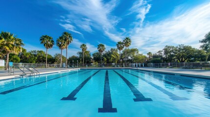Fototapeta premium A scenic outdoor swimming pool with crystal-clear water, diving boards, and a backdrop of palm trees and blue skies