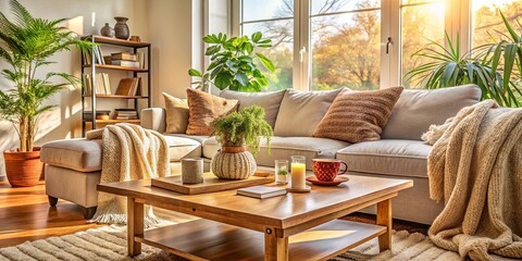 Fototapeta premium A cozy living room with a sectional sofa, throw pillows, and a wooden coffee table, bathed in warm sunlight streaming through a large window