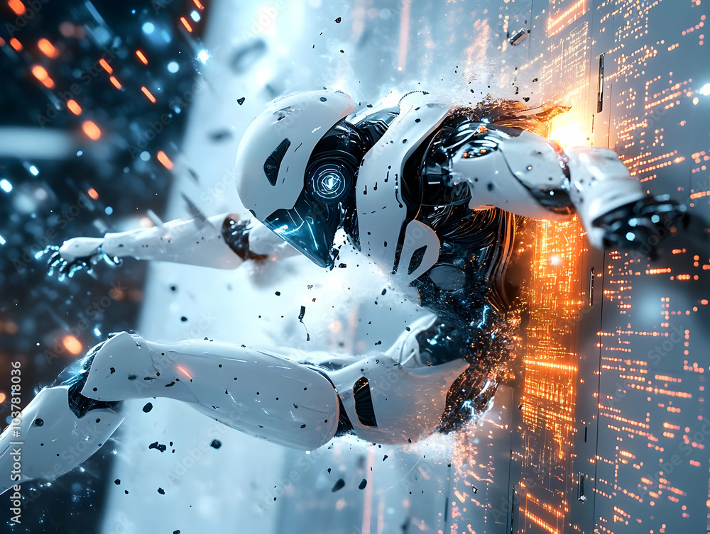 Poster futuristic robot breaking through a digital barrier, showcasing advanced technology and dynamic moti
