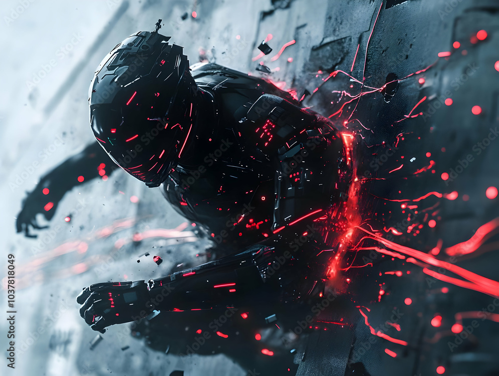 Poster futuristic figure bursting with energy and light in a dynamic pose against a dark background.
