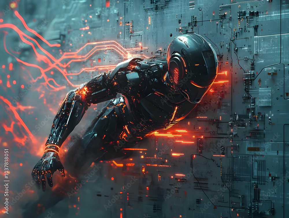 Poster a futuristic robotic figure emerging from a digital backdrop with glowing circuits.