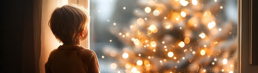 A Young Child Looking Out a Window at a Blurred Christmas Tree