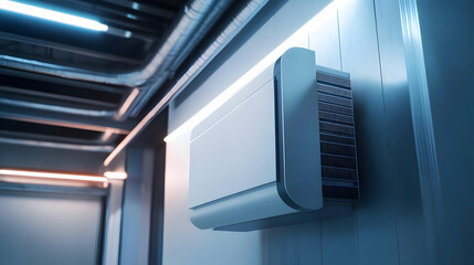 Modern air conditioning unit mounted on a wall, showcasing innovative design and functionality in a stylish interior environment.