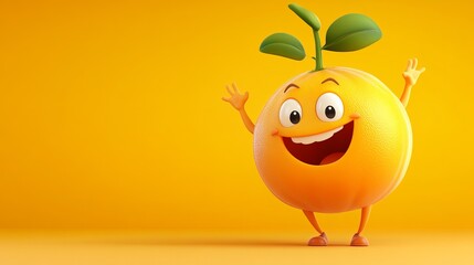 A cheerful cartoon orange character with arms raised, set against a bright yellow background.