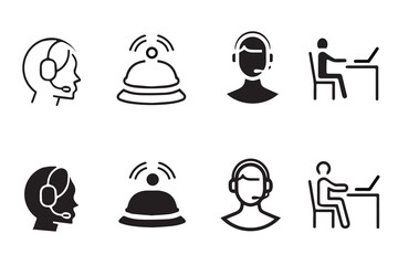 Reception desk web icon set. Vector illustration of receptionist, hotel bell, customer service, counter, information, registration, reservation, staff, guest, client, assistance, cashier., restaurant.
