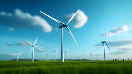 Fototapeta premium Wind turbines in a vibrant green field under a blue sky with fluffy clouds, showcasing renewable energy and sustainable practices.