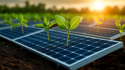 Fototapeta premium Plants growing on solar panels, symbolizing sustainable energy and green technology.