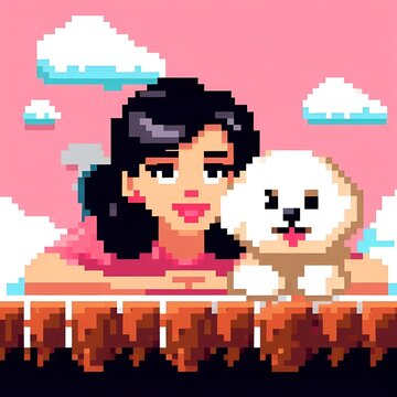 ilustraci&oacute;n de una bella mujer con su amorosa,linda perrita estilo pixelart 