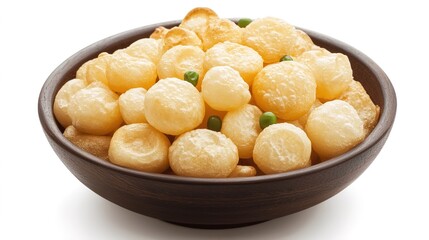 Delicious Pani Puri served on a rustic wooden platter. This popular Indian street food features crispy hollow puris filled with a spicy mixture of tangy tamarind water, chickpeas, and potatoes. 