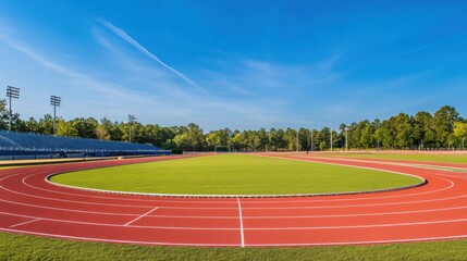 A scenic outdoor track and field stadium with a red rubber track, green infield, and stadium seating under a clear blue sky