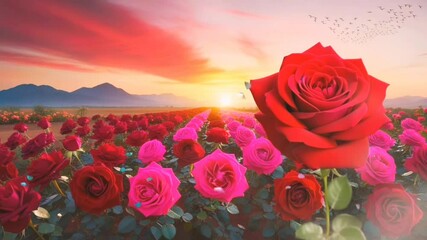 Breathtaking sunset over a rose garden with colorful blooms and distant mountains