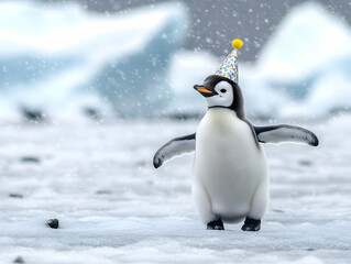 Obraz premium A playful penguin wearing a party hat in a snowy landscape, capturing a moment of joy and celebration.