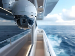 Surveillance camera on a yacht overlooking the ocean, providing high-tech security in a serene marine environment.