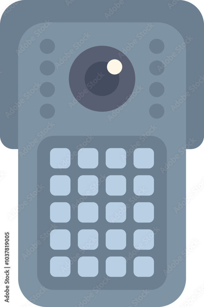 Poster modern intercom device with camera and buttons is hanging on the wall of the house, providing securi