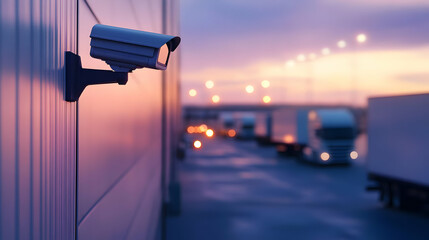 Surveillance camera monitoring a logistics area at dusk, capturing the essence of security in an industrial setting.