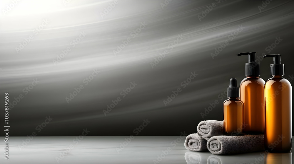 Poster elegant spa scene with amber bottles and rolled towels on a sleek surface, creating a soothing atmos