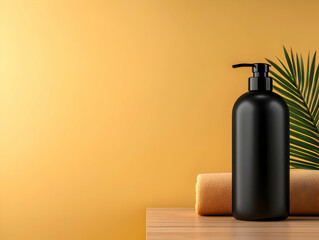 Stylish black lotion bottle with a towel and tropical leaf on a wooden surface against a warm yellow background.