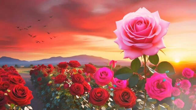 Breathtaking sunset over a rose garden with colorful blooms and distant mountains