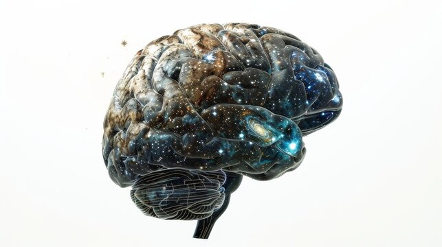 a brain depicted as a cosmic computer, with galaxies spinning within its circuits and stars twinkling in its memory banks