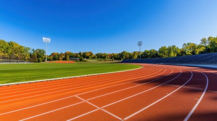 A scenic outdoor track and field stadium with a red rubber track, green infield, and stadium seating under a clear blue sky