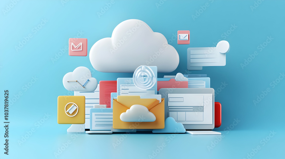 Poster 3d cartoon illustration of smart document management technologies collaborating in the cloud for enh