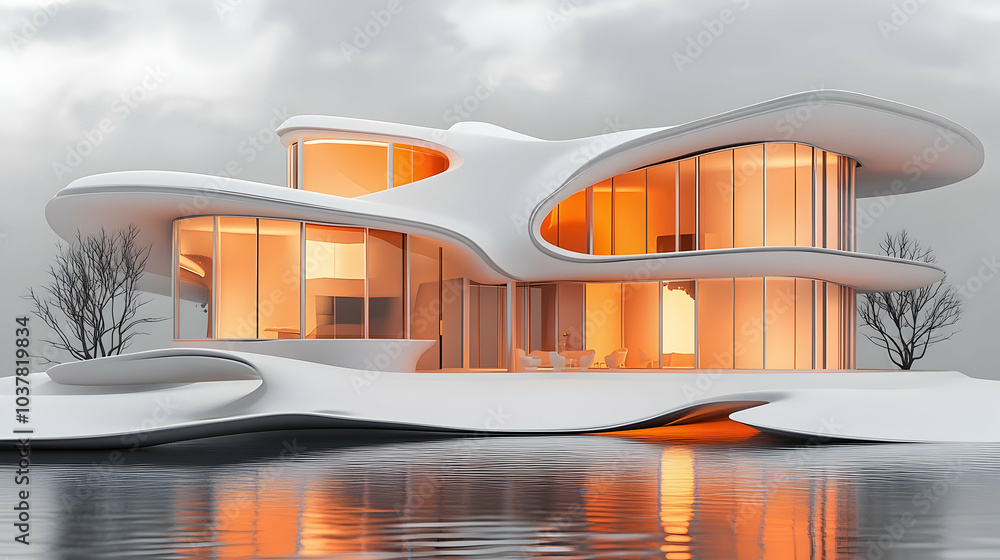 Poster 3d cartoon quantum architecture of a house with rooms in superposition, featuring entangled particle