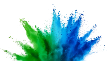Green, teal and blue explosion smoke of holi paint color powder isolated on transparent or white background