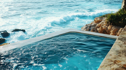 A large pool with sparkling water, positioned on a cliffside, offering a dramatic view of the ocean waves below