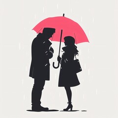 Couple sharing a bright red umbrella during a rainy day while enjoying each other's company in an urban setting