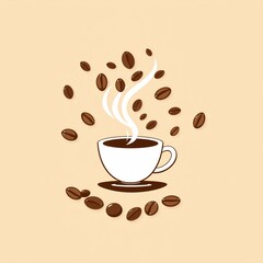 A steaming cup of coffee surrounded by flying coffee beans on a soft beige background