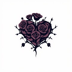 Stylized heart shape made of dark roses and thorns against a white background