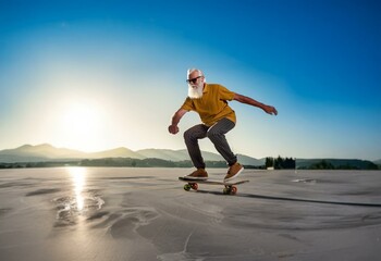 Fototapeta premium An older man with a white beard is skateboarding in a skate park on a sunny day.