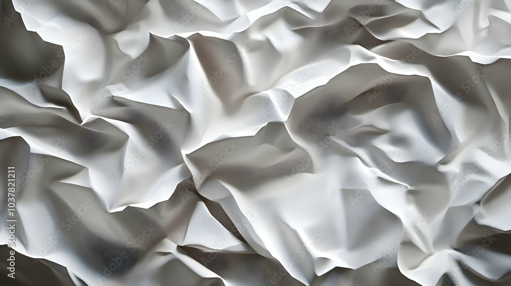 Poster closeup 3d cartoon of crumpled paper with deep shadows and highlights, creating a complex topography