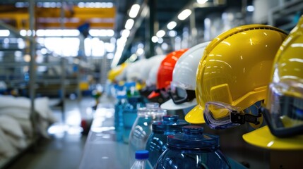 Fototapeta premium Safety Helmets in Industrial Setting