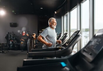 A senior man with grey hair and beard runs on a treadmill in a gym.