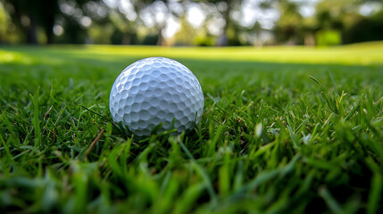 Obraz premium Closeup of a Golf Ball Resting on Lush Green Grass with a Club, Perfect for Sports Enthusiasts -