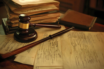 Court records, wooden gavel, and legal documents on a desk, representing law and order