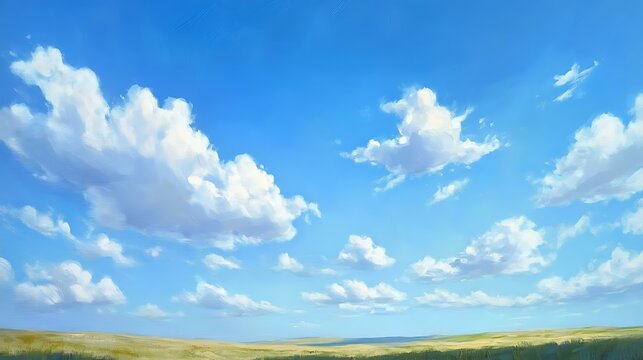 A vast blue sky with a few scattered cumulus clouds, creating a peaceful summer day scene