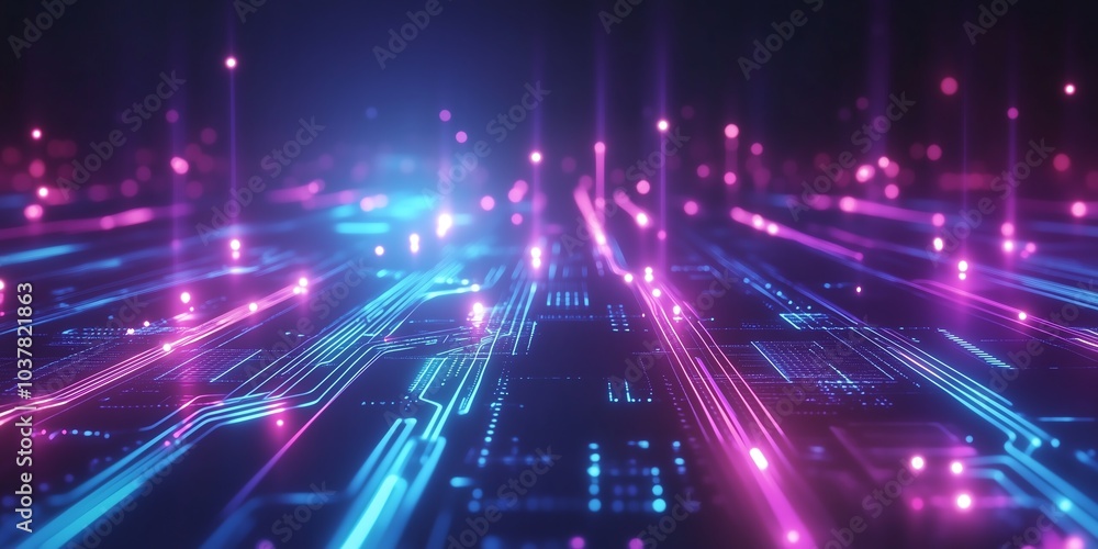 Fototapete ai semiconductor chip with neon effect on a tech circuit background, rendered in glowing lines with 