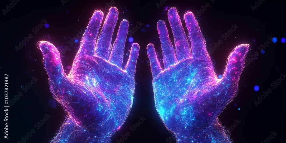 Poster digital hands rendered in glowing lines with a blue and purple color palette, symbolizing technologi