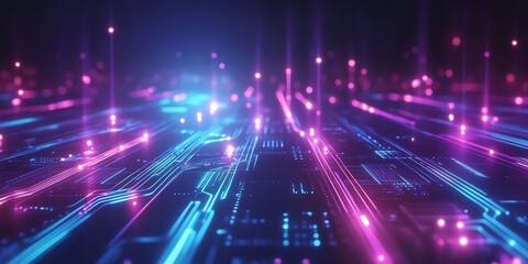 AI semiconductor chip with neon effect on a tech circuit background, rendered in glowing lines with a blue and purple color palette, symbolizing dvanced artificial intelligence and technology.