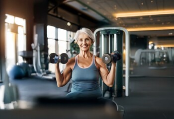 Fototapeta premium A smiling mature woman lifting weights at the gym.