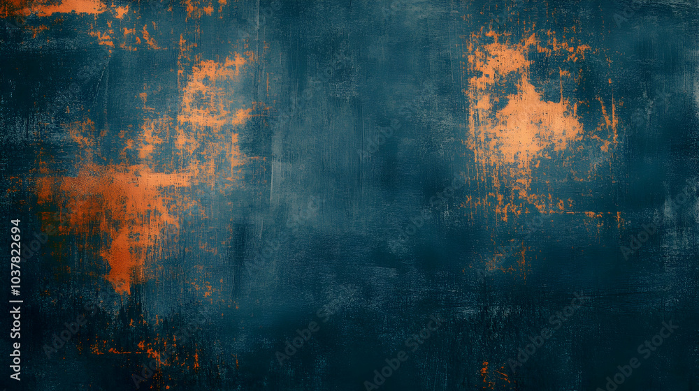 Poster grungy abstract background with orange glitch noise on a blue scratched texture -