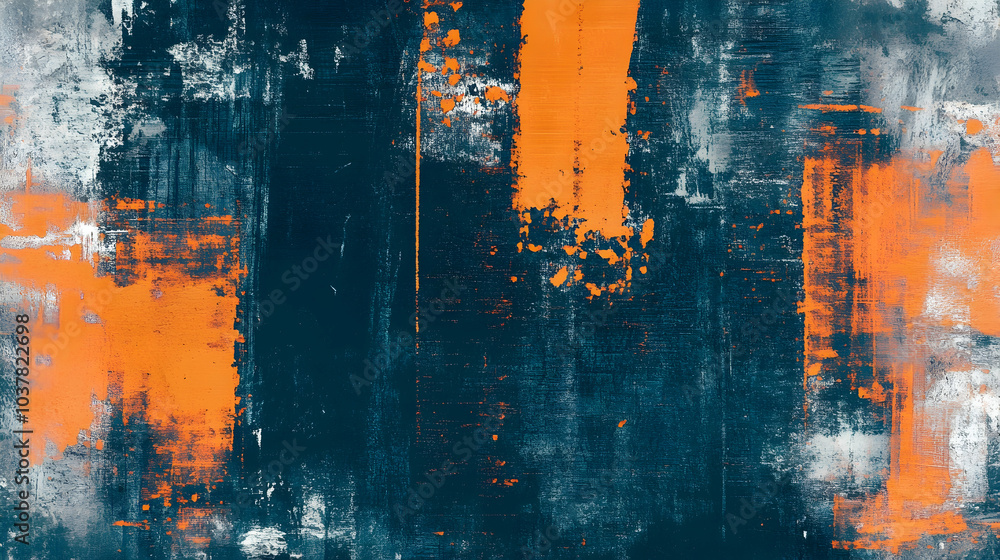 Poster grungy abstract background with orange glitch noise on a blue scratched texture -
