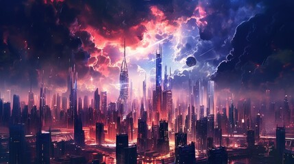 Fototapeta premium Futuristic Cityscape Under a Dramatic Sky